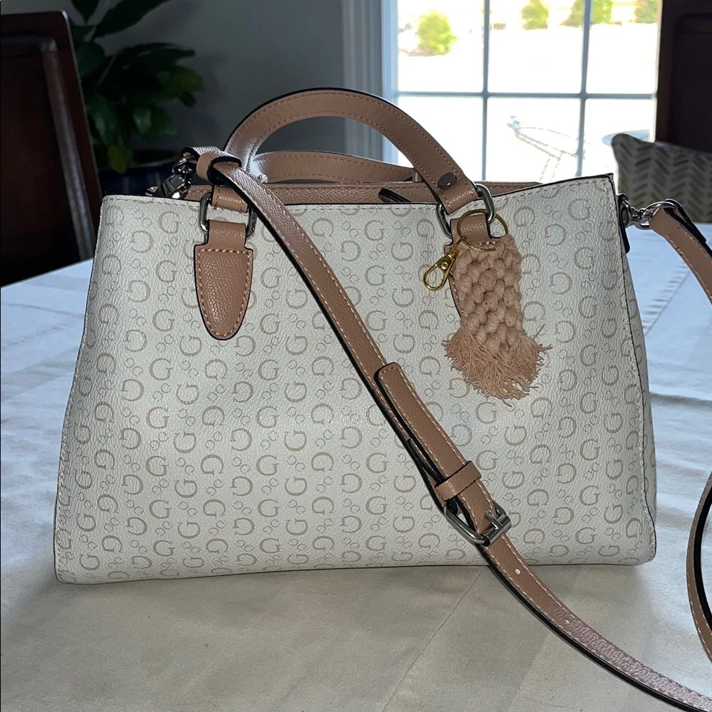 GUESS Cream and Tan Logo Satchel with Removable Strap - Picture 2 of 10